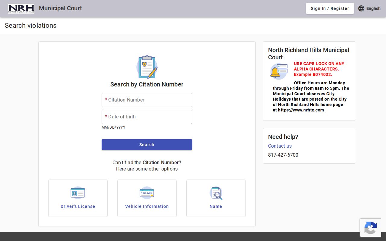 North Richland Hills resident lookup municipal court search screen